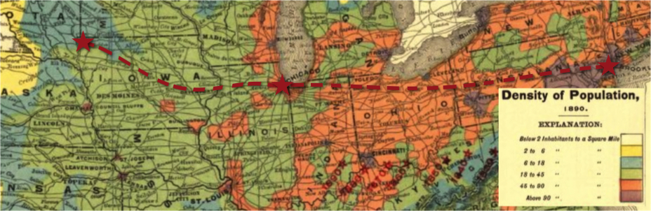 Joseph Arvid Thorin's path across America (dashed red line) against 1890 population density map.